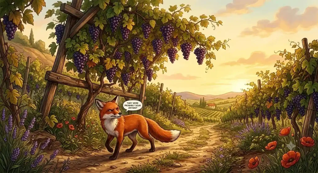 Illustration of a fox standing beneath grapevines from the Fox and the Grapes fable