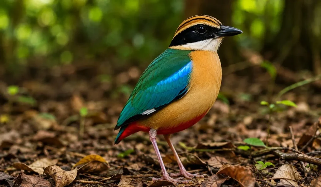 Indian Pitta, also known as the Navrang bird, standing on a forest floor